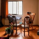 People relax in a cozy living room setting.