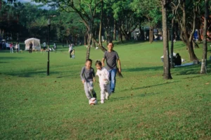 A group of people walking across a lush green park