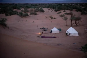 Desert camp with tents and campfire at campfire at campfire