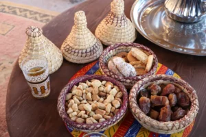 teatime in Morocco: woven wicker basket and delicacies around a mint tea