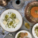 a table with plates of food