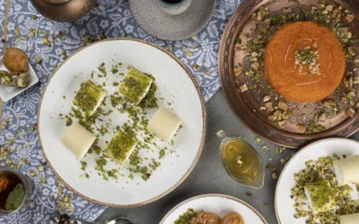 a table with plates of food