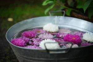 Pink and white flowers floating in a metal basin.