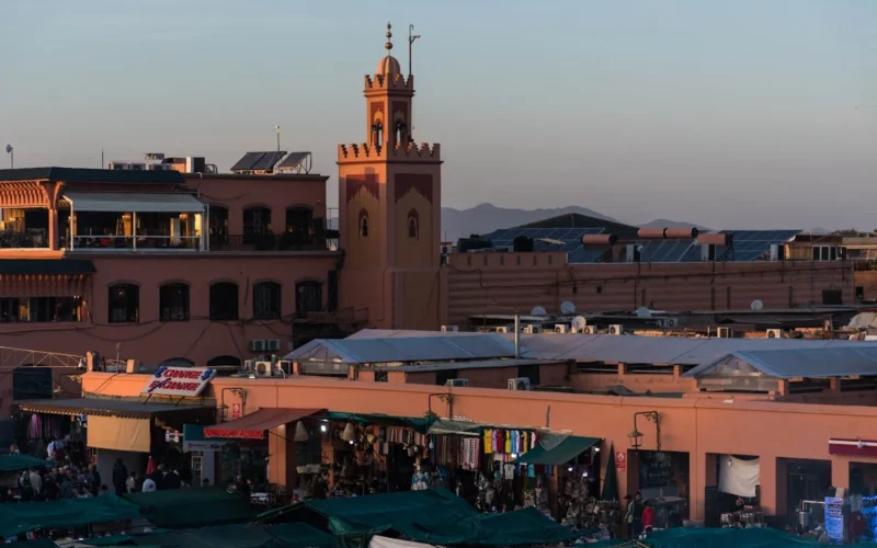 Jemaa El Fna square in the Medina district of Marrakech (the old city). It is the heart of Marrakesh, used by locals and tourists.