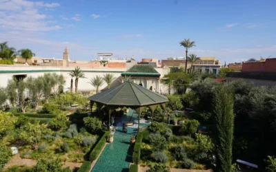 green and white patio umbrella near green trees and brown building during daytime