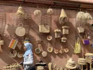 Wall where handmade goods like baskets where presented for selling in Marrakech Médina.