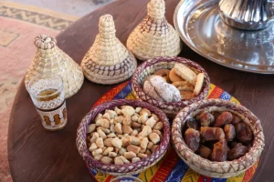 teatime in Morocco: woven wicker basket and delicacies around a mint tea