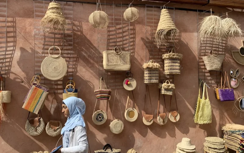Wall where handmade goods like baskets where presented for selling in Marrakech Médina.