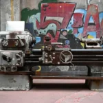 A vintage metal lathe against a graffiti wall.