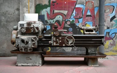 A vintage metal lathe against a graffiti wall.