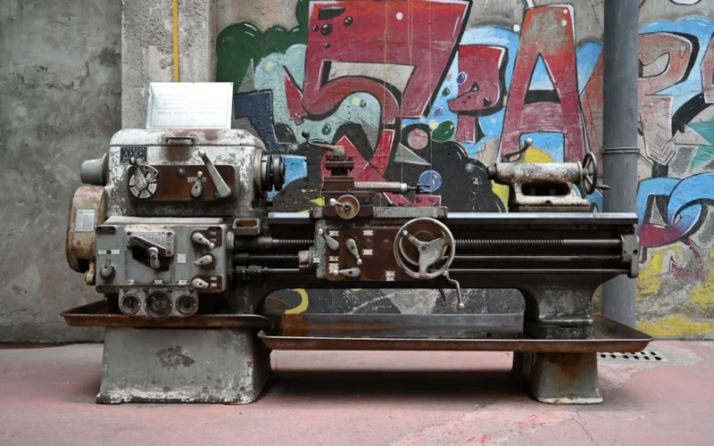 A vintage metal lathe against a graffiti wall.