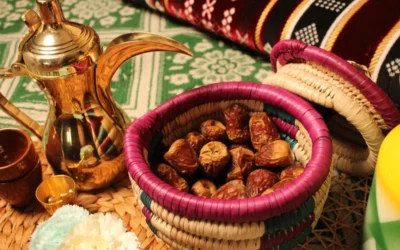 Dates in a woven basket with arabic coffee pot