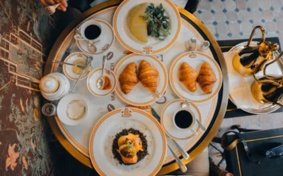 A luxurious breakfast spread with croissants and coffee.