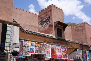Art street in Marakesh, Morocco with vibrant paintings and graffiti