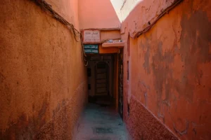 A narrow, orange alleyway leads to a dark door.