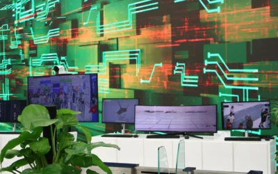 Digital screens display data on a circuit board background