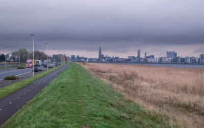 City skyline across a grassy embankment and dry reeds.