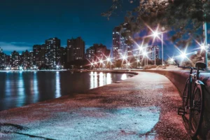 city skyline with lights turned on during night time