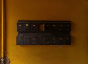 Row of mailboxes on a yellow wall