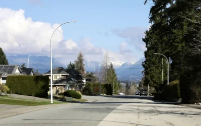Suburban street with mountains in the background