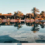 a swimming pool with a tiled floor next to palm trees