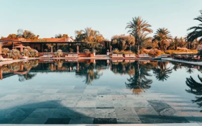 a swimming pool with a tiled floor next to palm trees